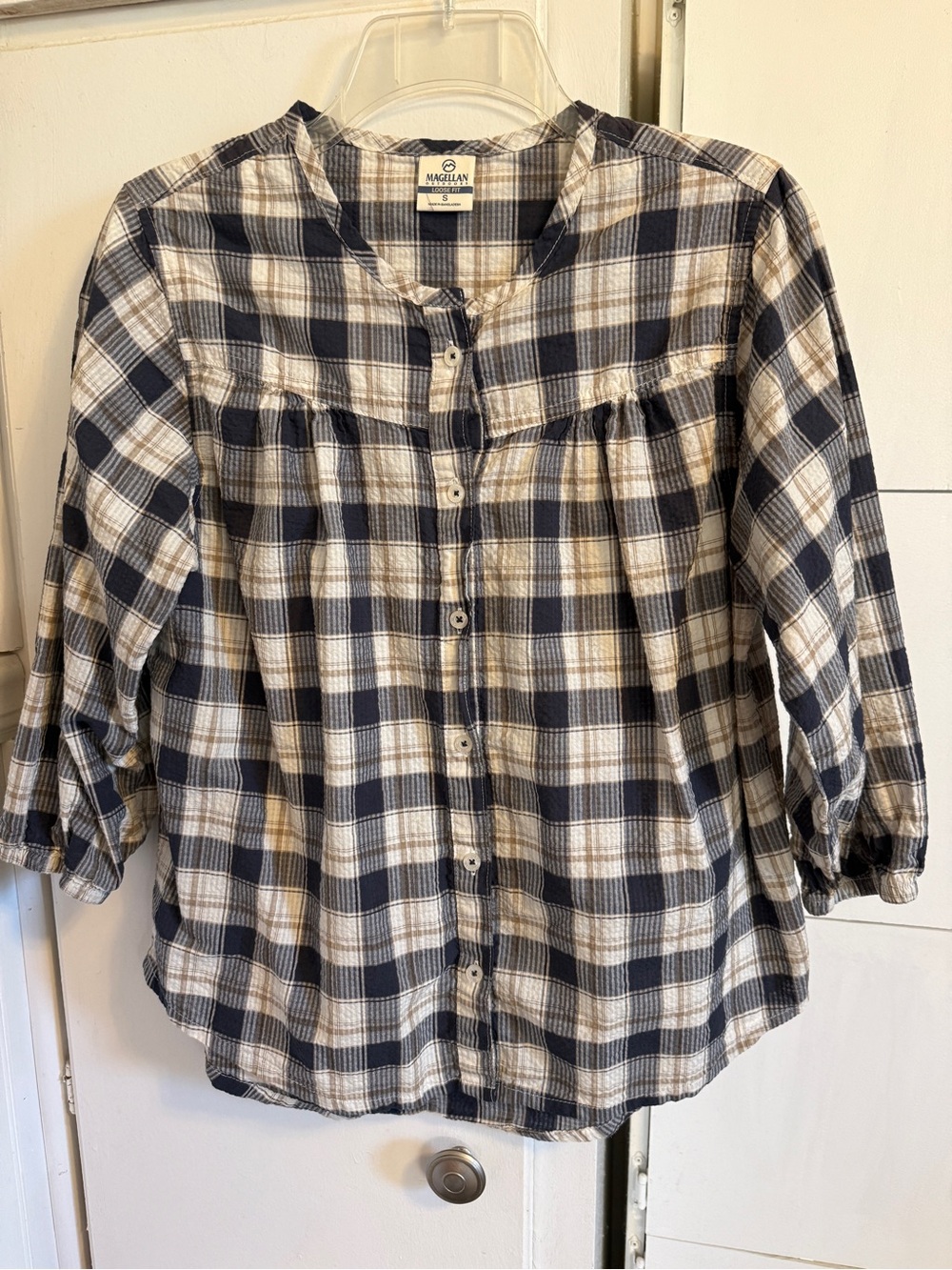 Magellan Outdoors Plaid Button-Front Shirt in Navy and Cream